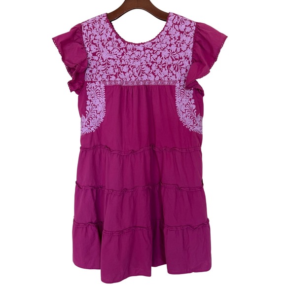 J. Marie Cotton Embroidered Ruffle Sleeve Popover Dress L Magenta/Berry - Picture 3 of 6
